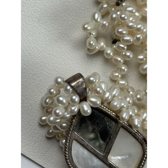 LUC Sterling Silver Necklace Double Strand 18.5" Real Pearl Abalone MOP Pendant - Picture 6 of 11